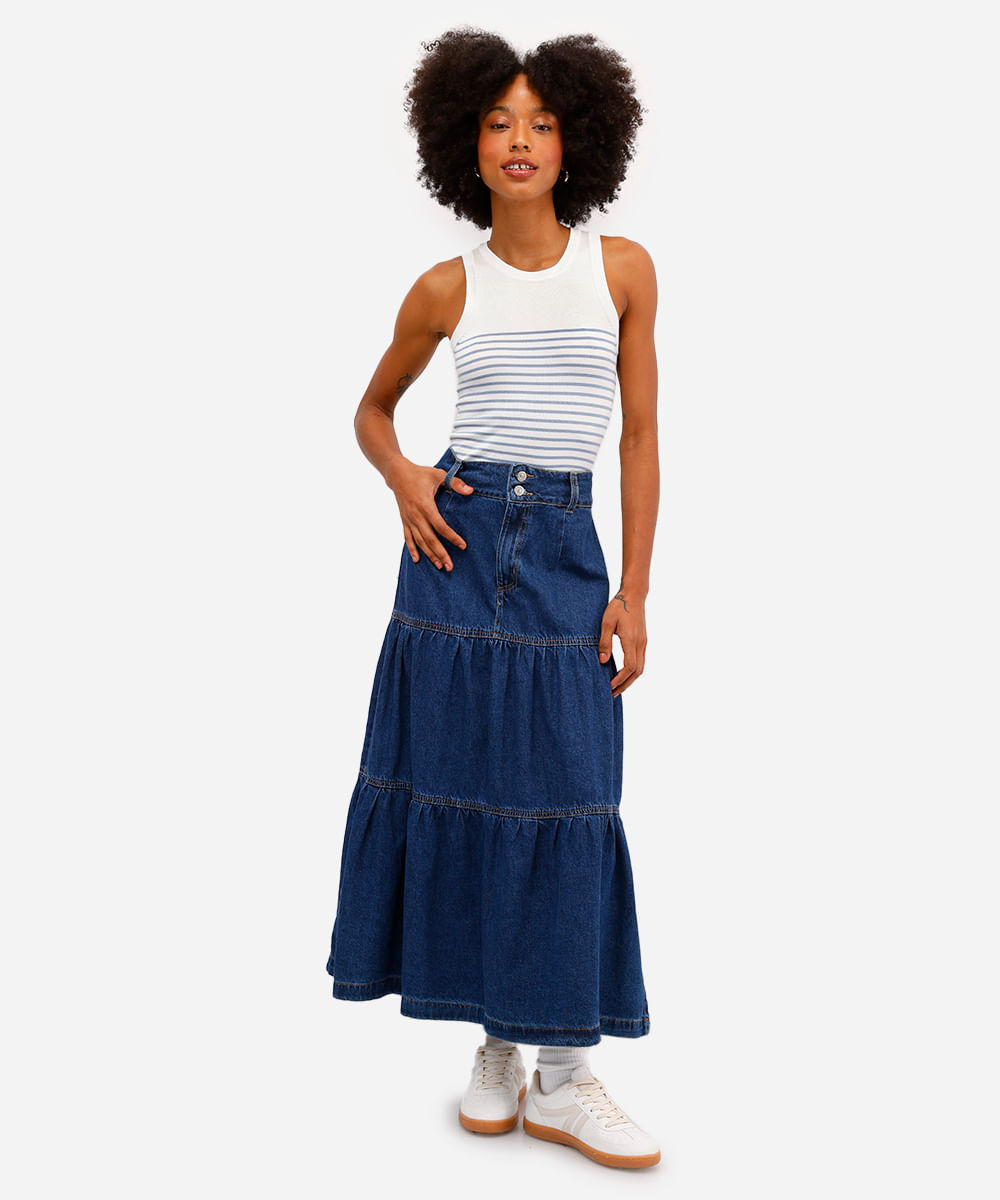regata feminina de tricot listrada azul
