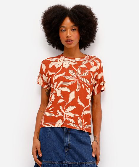 blusa feminina de viscose manga curta floral laranja