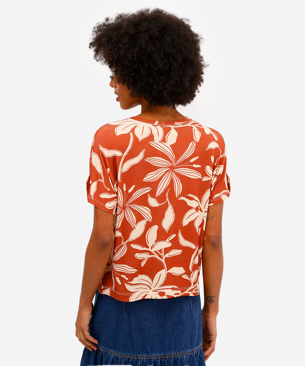 blusa feminina de viscose manga curta floral laranja