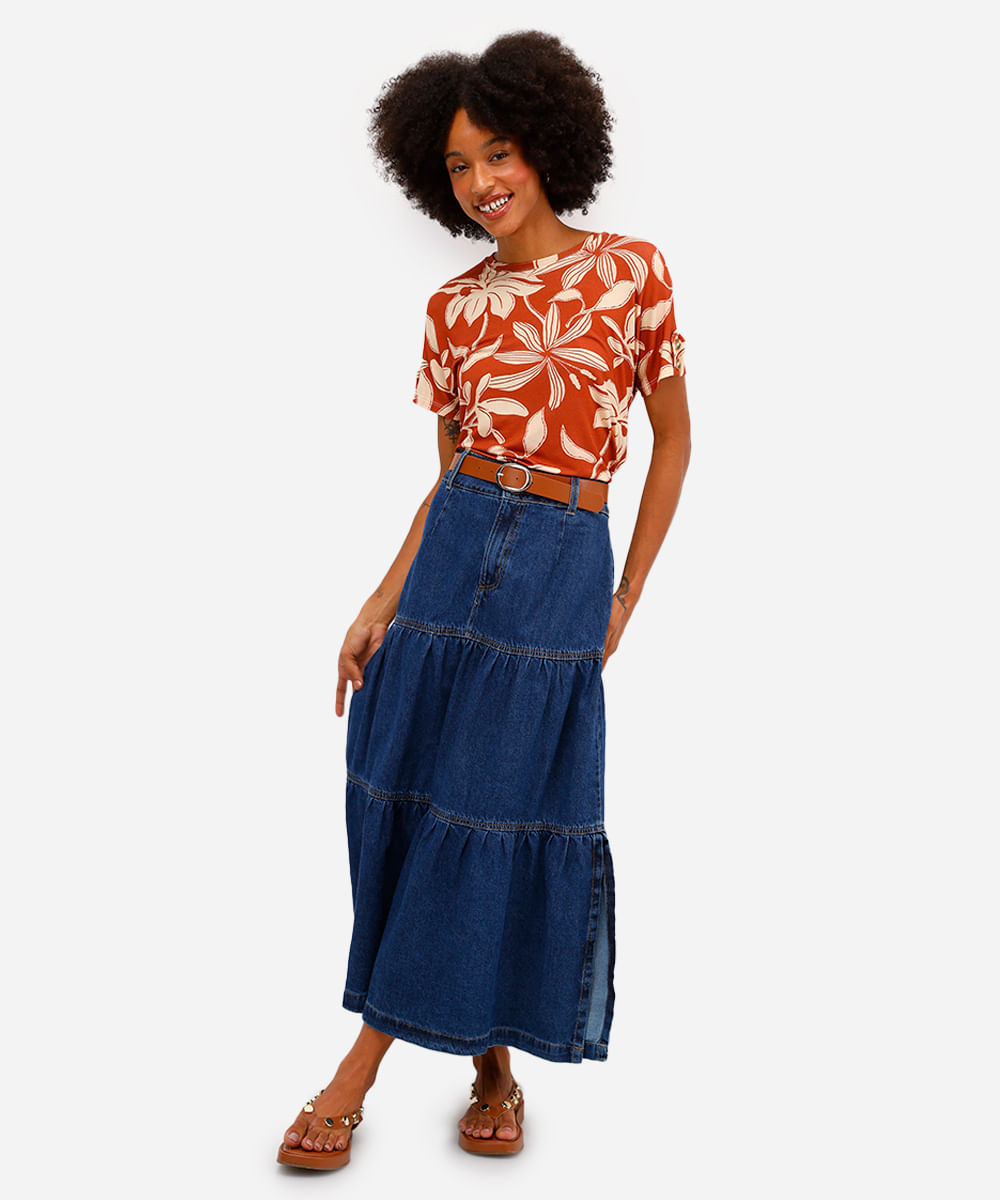 blusa feminina de viscose manga curta floral laranja