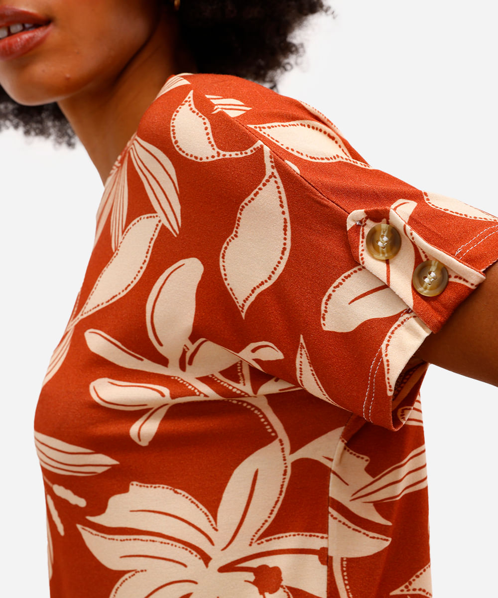 blusa feminina de viscose manga curta floral laranja