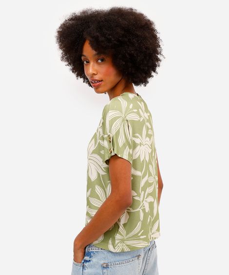 blusa feminina de viscose manga curta floral verde