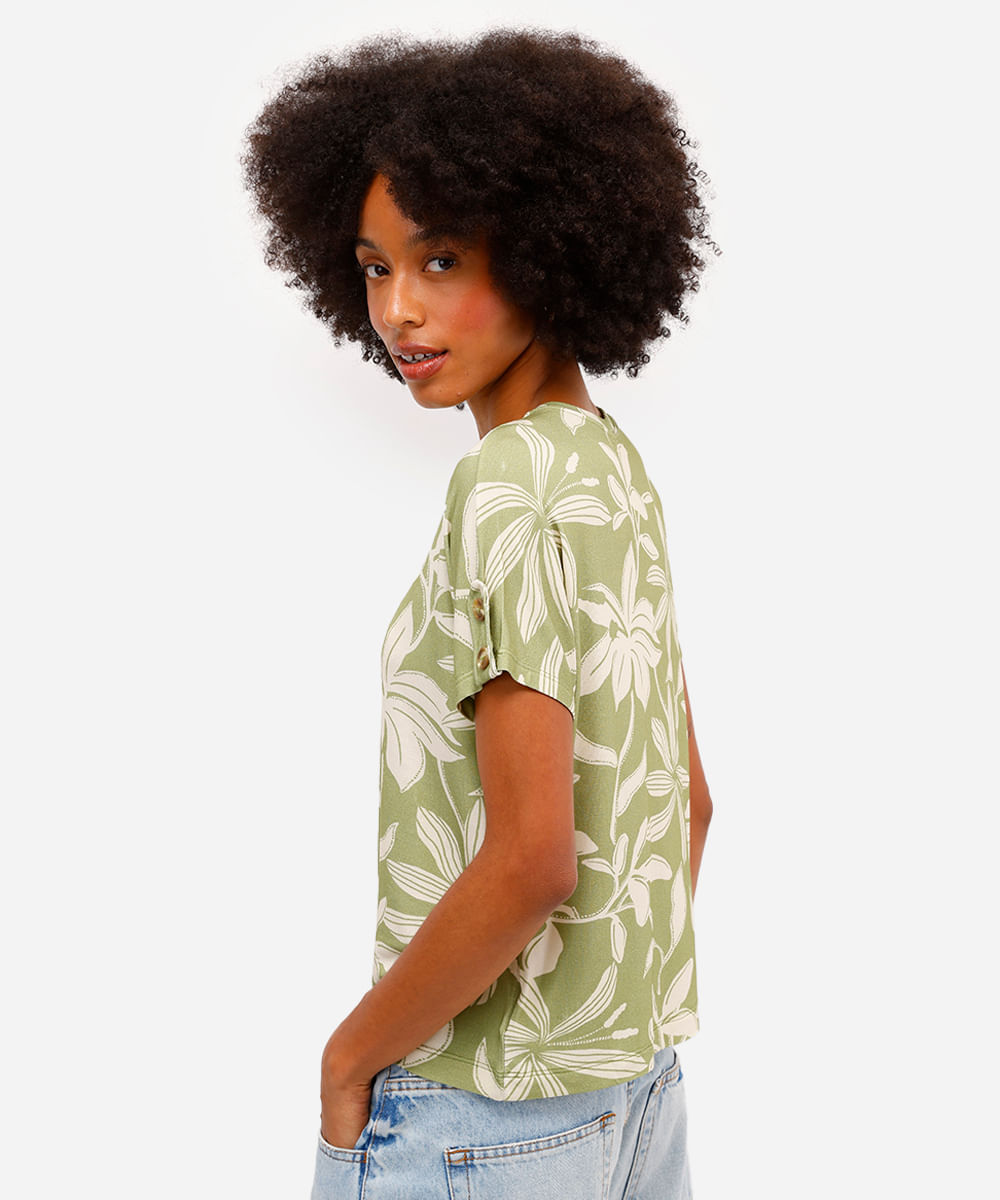 blusa feminina de viscose manga curta floral verde