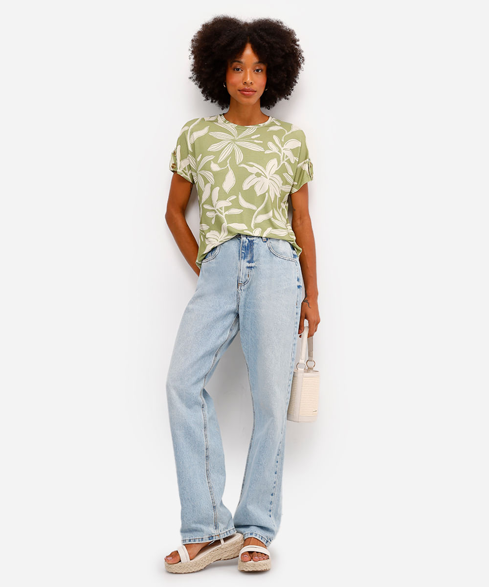 blusa feminina de viscose manga curta floral verde