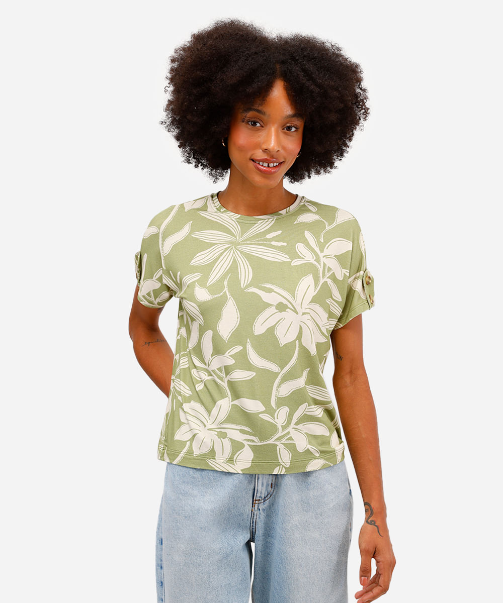 blusa feminina de viscose manga curta floral verde