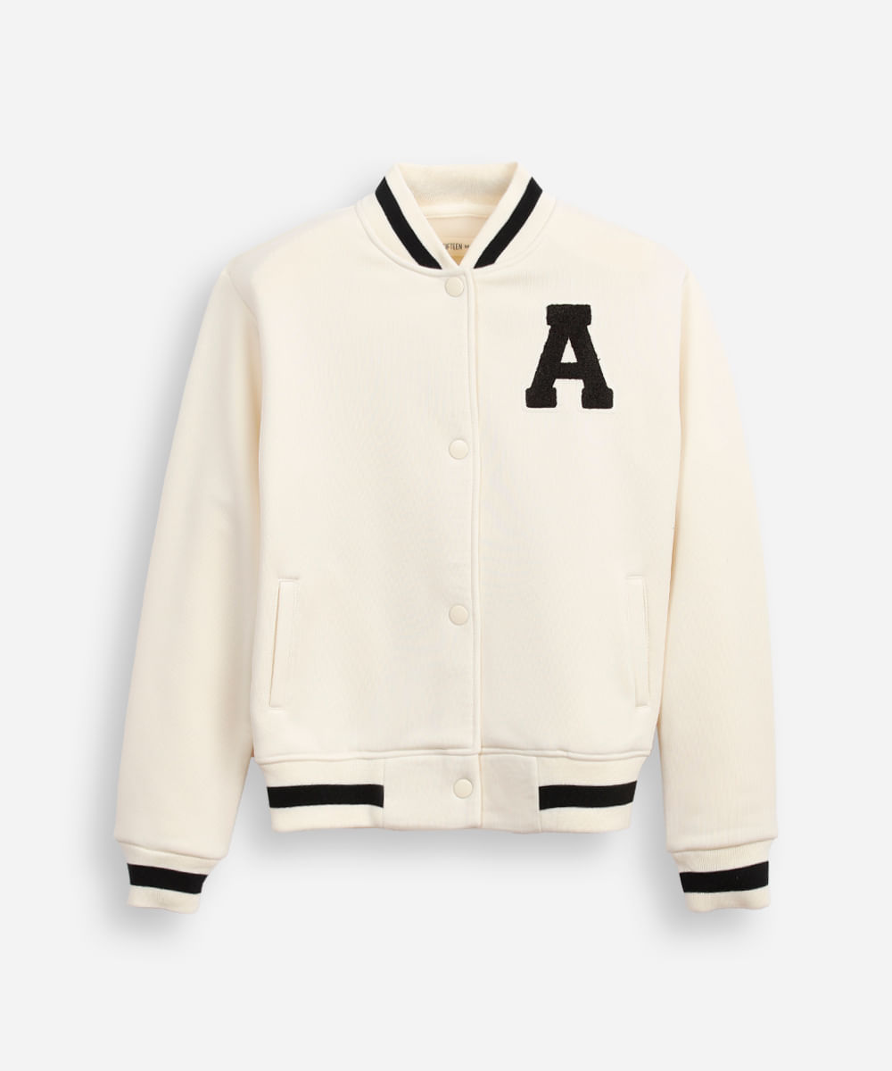 jaqueta bomber juvenil de moletom college bege