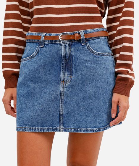 minissaia feminina jeans com cinto azul
