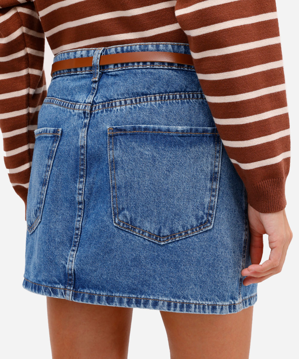 minissaia feminina jeans com cinto azul