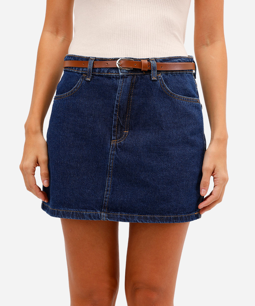minissaia feminina jeans com cinto azul