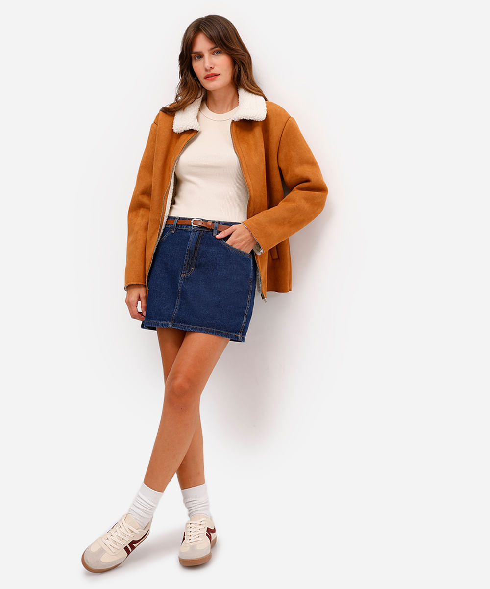 minissaia feminina jeans com cinto azul