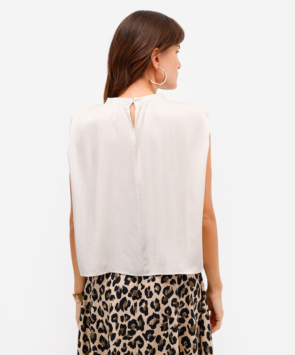 blusa feminina decote redondo franzida bege