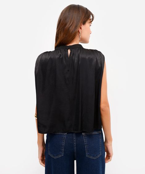blusa feminina decote redondo franzida preta