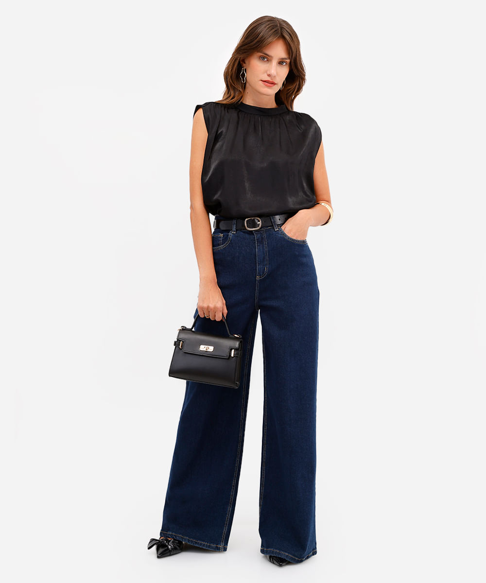blusa feminina decote redondo franzida preta