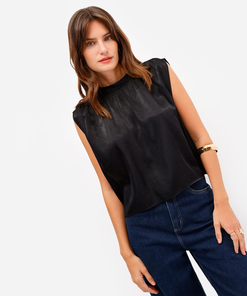 blusa feminina decote redondo franzida preta