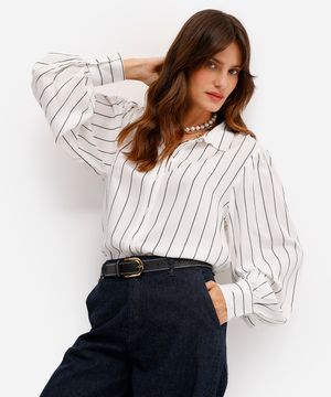 camisa feminina de viscose manga bufante listrada preta
