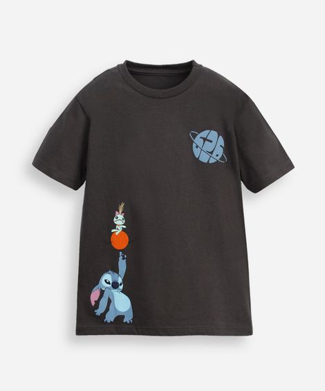camiseta de algodão infantil manga curta stitch cinza