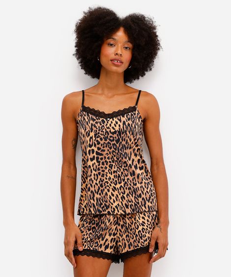 pijama short doll feminino animal print com renda marrom