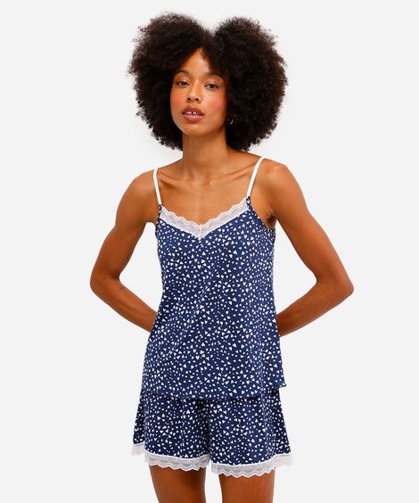 pijama short doll feminino corações com renda azul