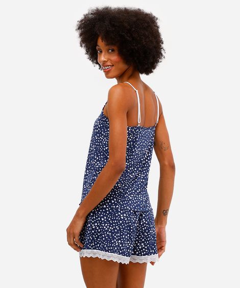 pijama short doll feminino corações com renda azul