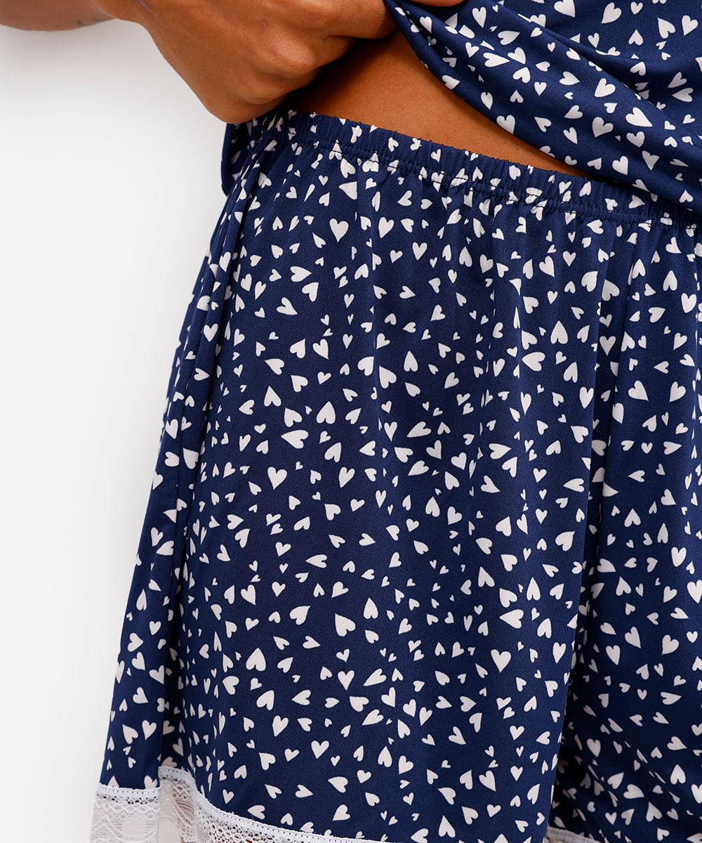 pijama short doll feminino corações com renda azul