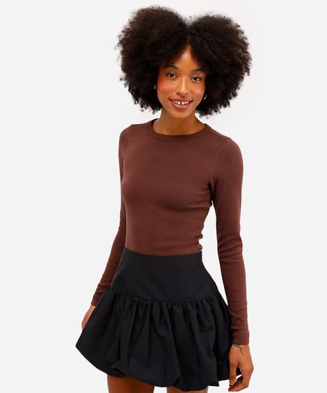 blusa feminina de algodão manga longa canelada marrom