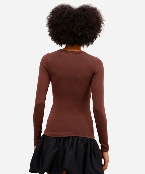 blusa feminina de algodão manga longa canelada marrom