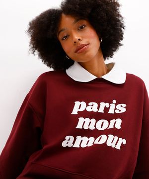 blusa feminina de moletom paris manga longa vinho