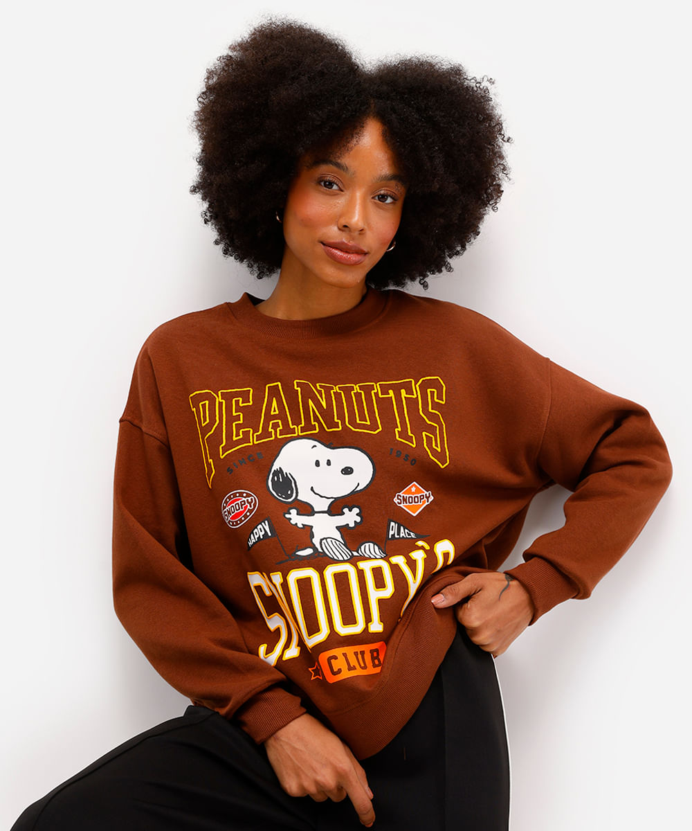 blusão feminino de moletom felpado snoopy marrom
