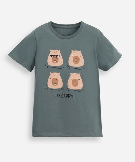camiseta de algodão infantil manga curta capivara verde