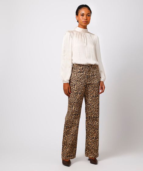 calça jeans reta copenhagen animal print cintura alta mindset colorida