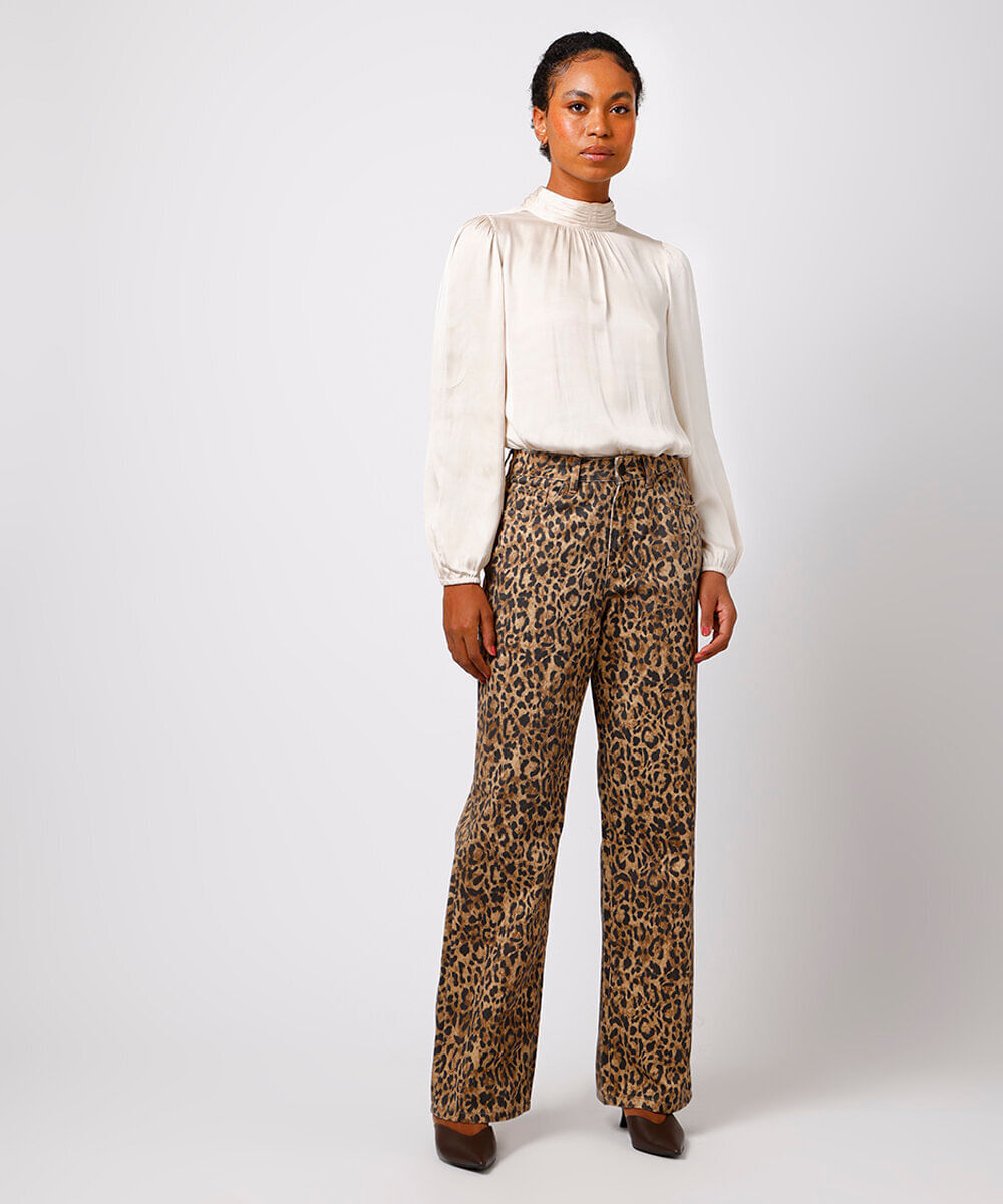 calça jeans reta copenhagen animal print cintura alta mindset colorida