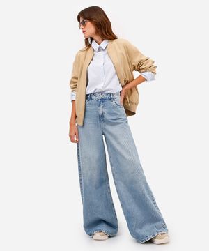 calça wide leg  oversized jeans cintura alta azul
