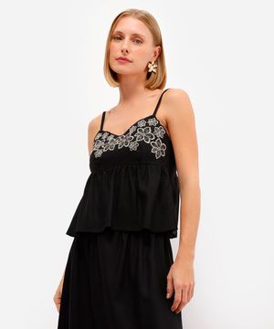 bata feminina com linho bordado floral preta