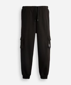 calça jogger juvenil de moletom com bolsos cargo preta