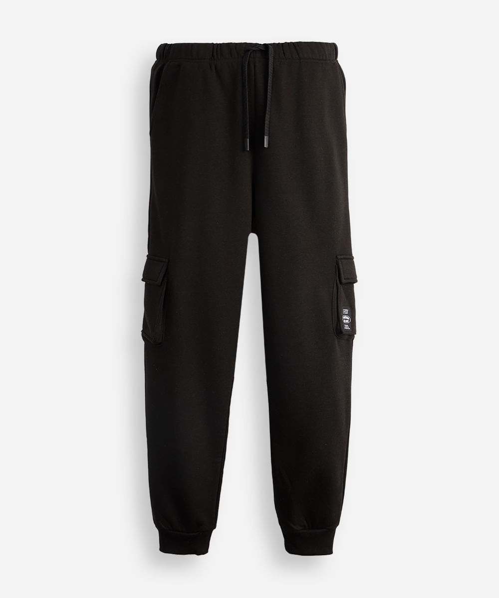 calça jogger juvenil de moletom com bolsos cargo preta