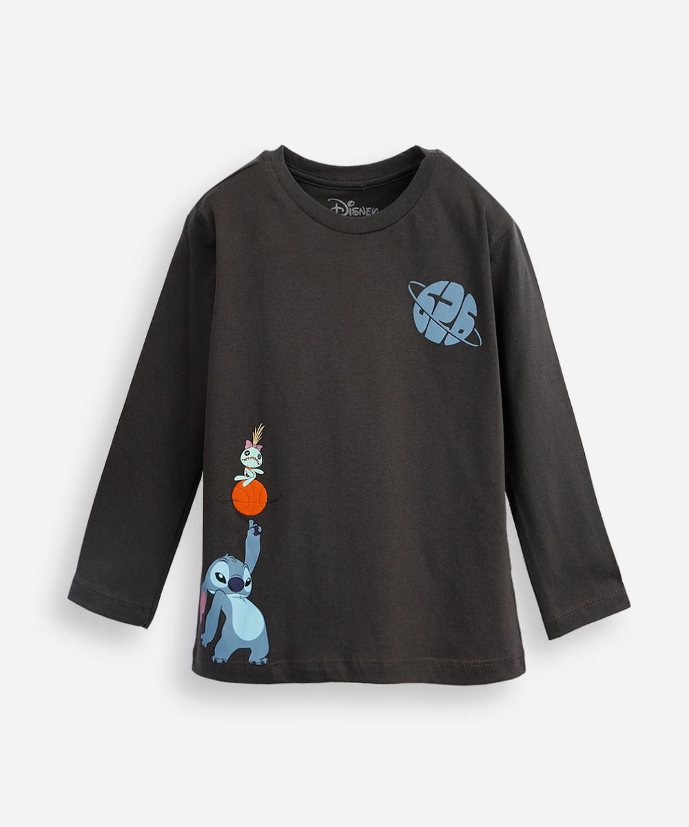 blusa de algodão infantil manga longa stitch cinza