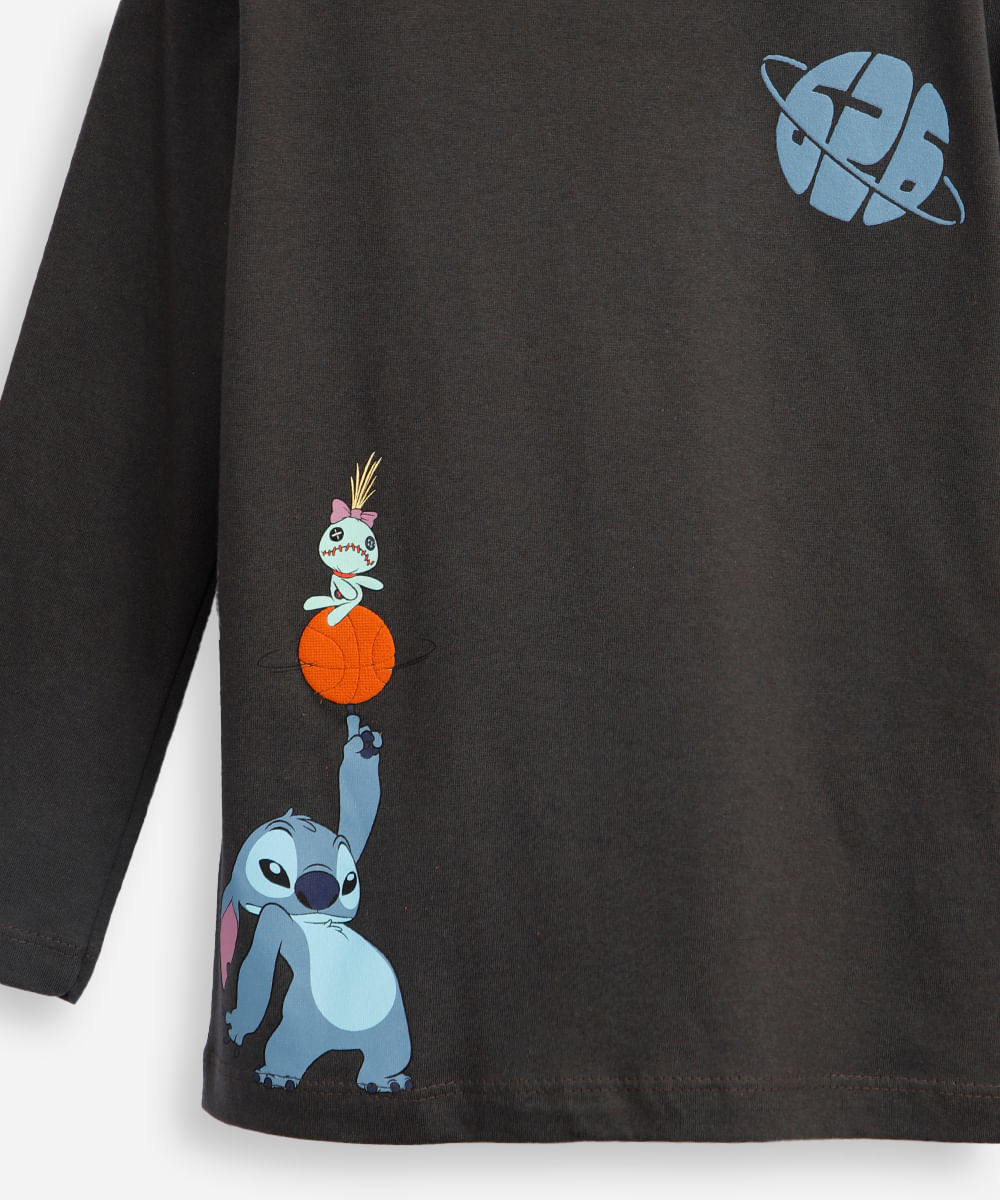 blusa de algodão infantil manga longa stitch cinza