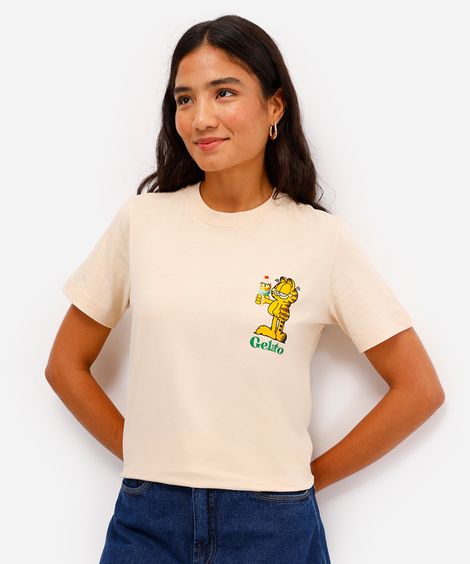 camiseta feminina de algodão garfield bege
