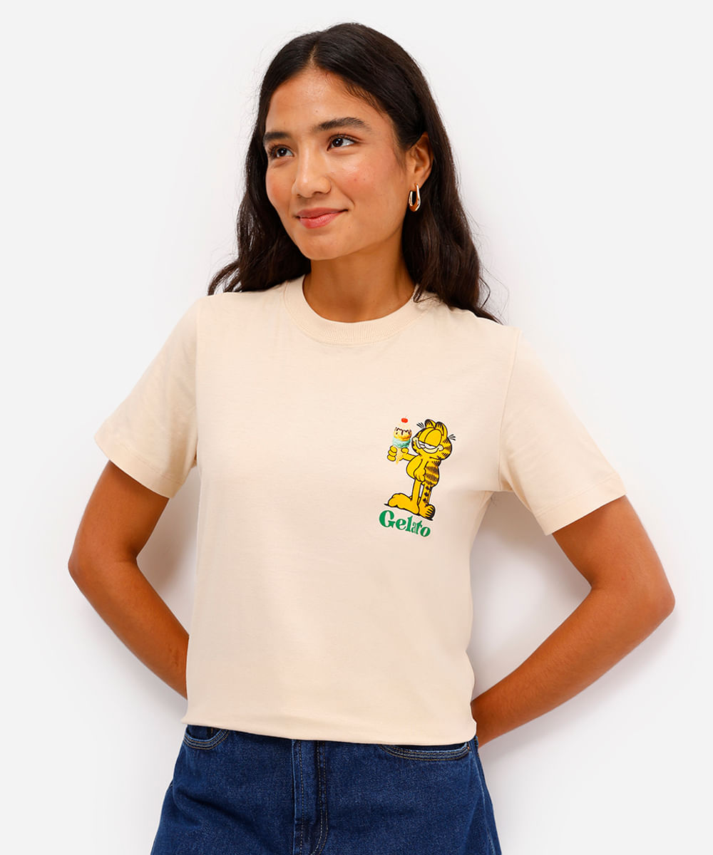 camiseta feminina de algodão garfield bege