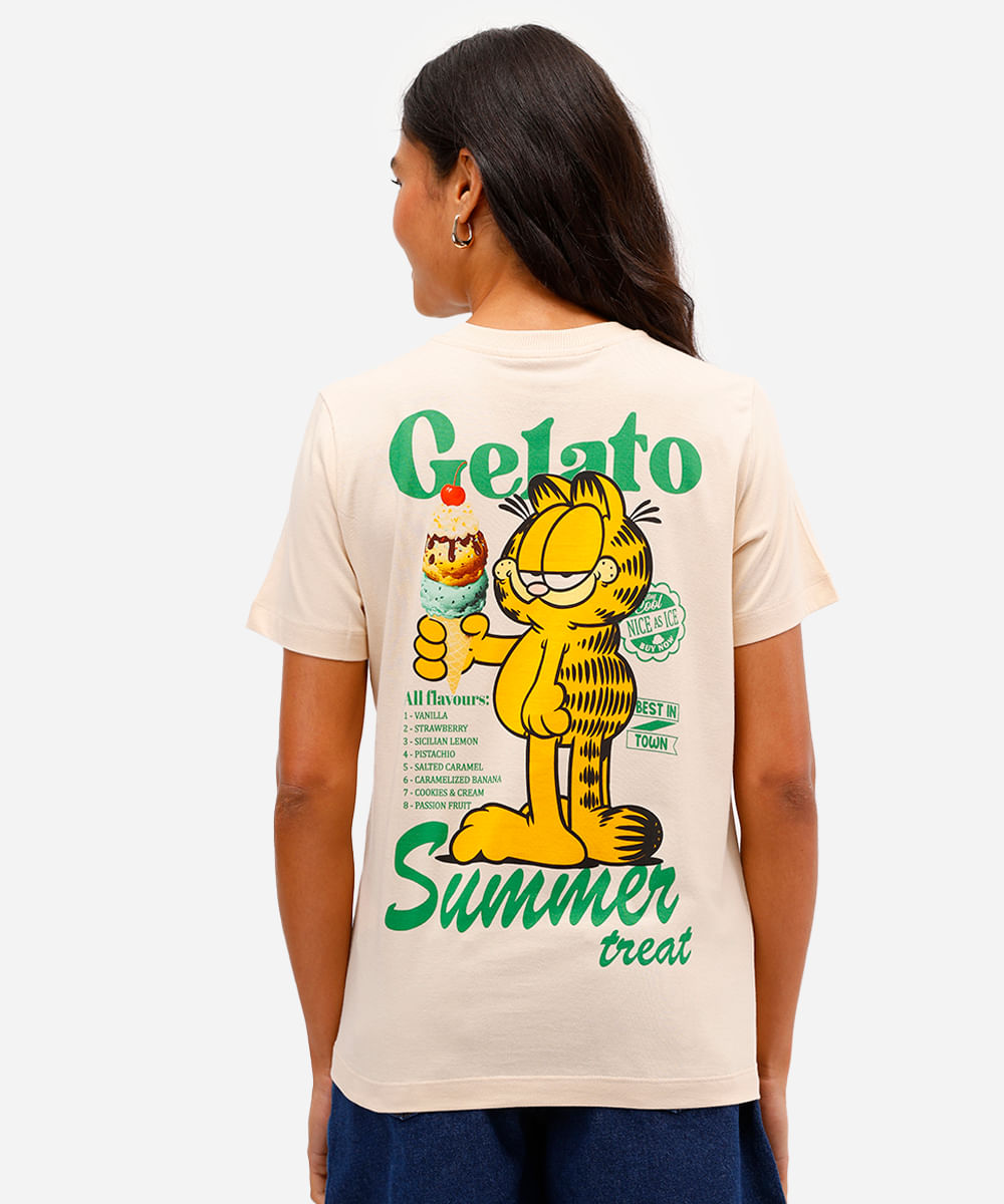 camiseta feminina de algodão garfield bege