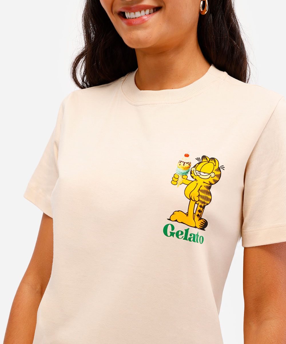 camiseta feminina de algodão garfield bege