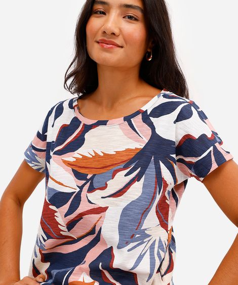 blusa feminina de algodão manga curta folhagens azul
