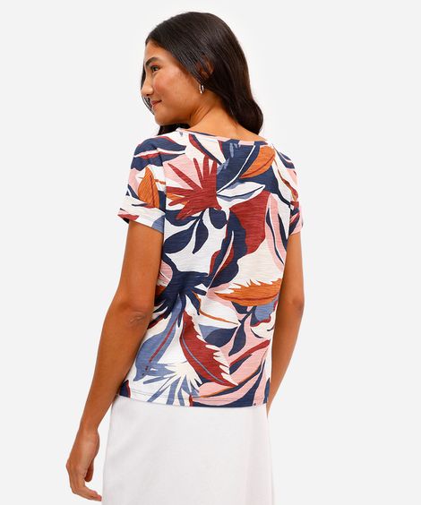 blusa feminina de algodão manga curta folhagens azul