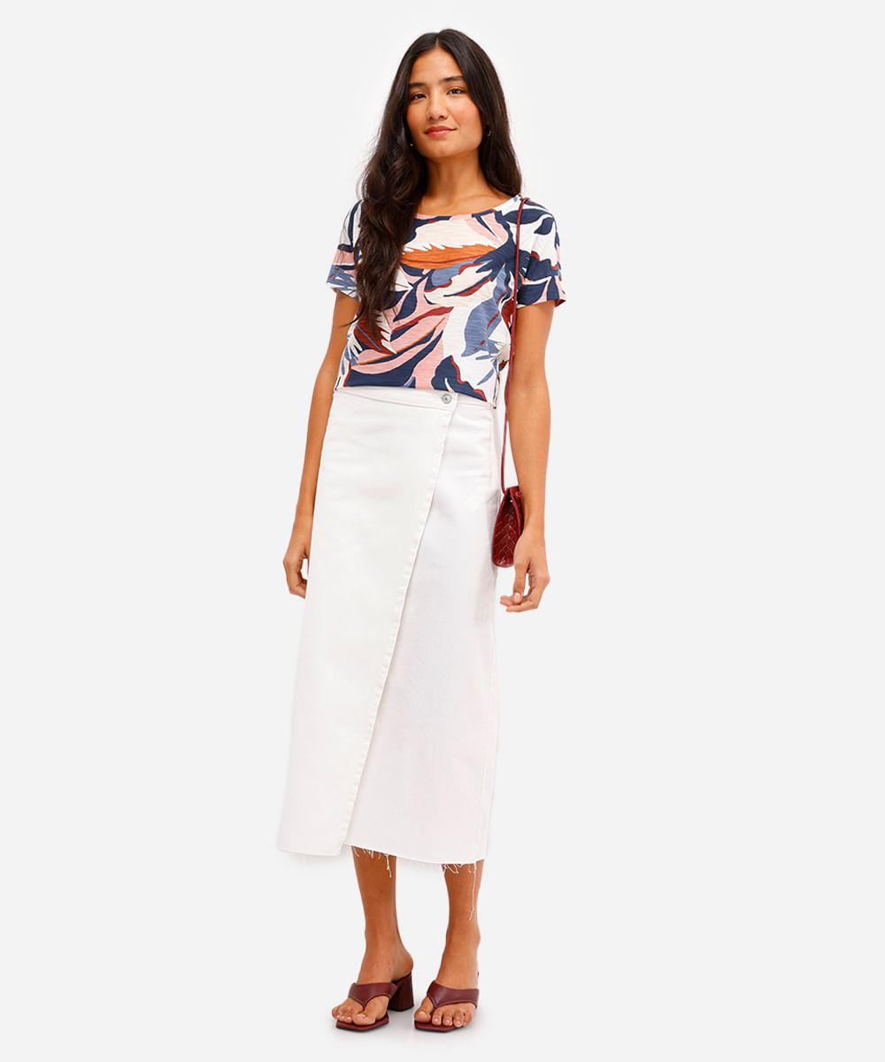 blusa feminina de algodão manga curta folhagens azul
