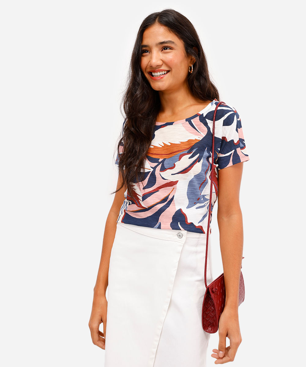 blusa feminina de algodão manga curta folhagens azul