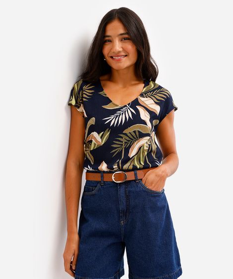 blusa feminina folhagens texturizada azul
