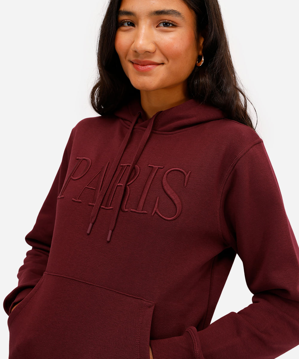 blusão feminino de moletom com capuz paris vinho
