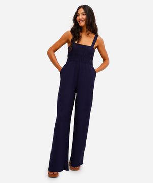 macacão feminino com lastex texturizado azul