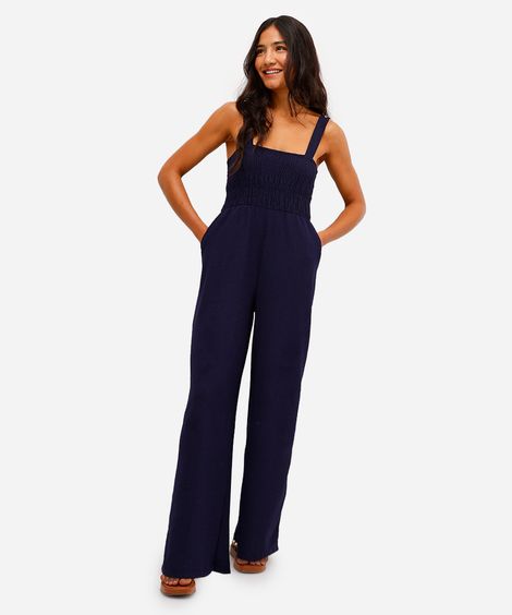 macacão feminino com lastex texturizado azul