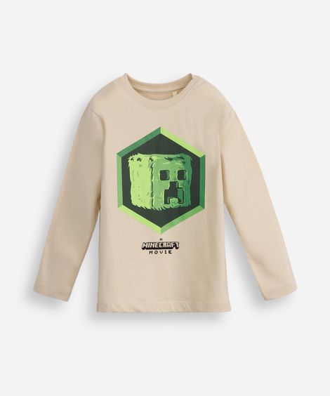 camiseta infantil de algodão minecraft manga longa bege